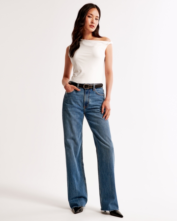 High Rise Loose Jean, Dark With Raw Hem