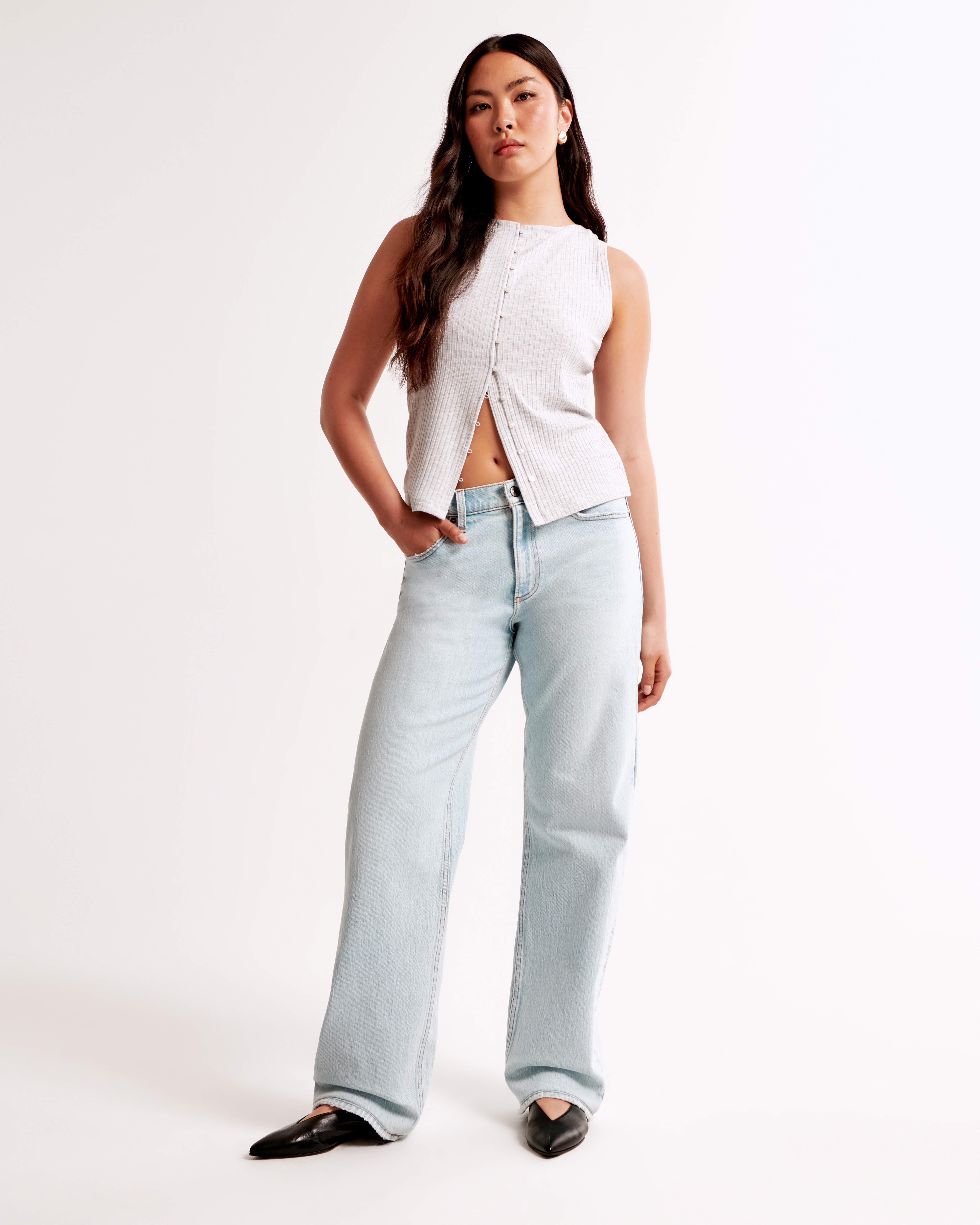 Abercrombie & Fitch Curve Love Low Rise Baggy Jean In White