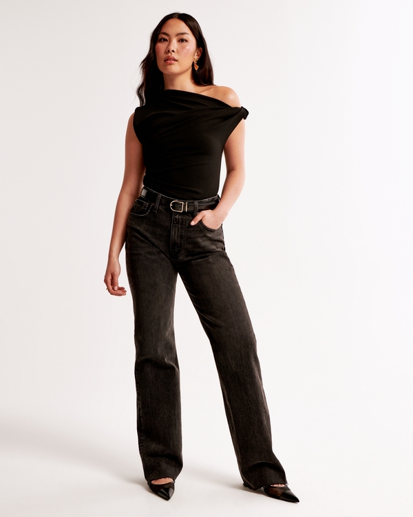 Curve Love High Rise 90s Relaxed Jean, Washed Black With Raw Hem