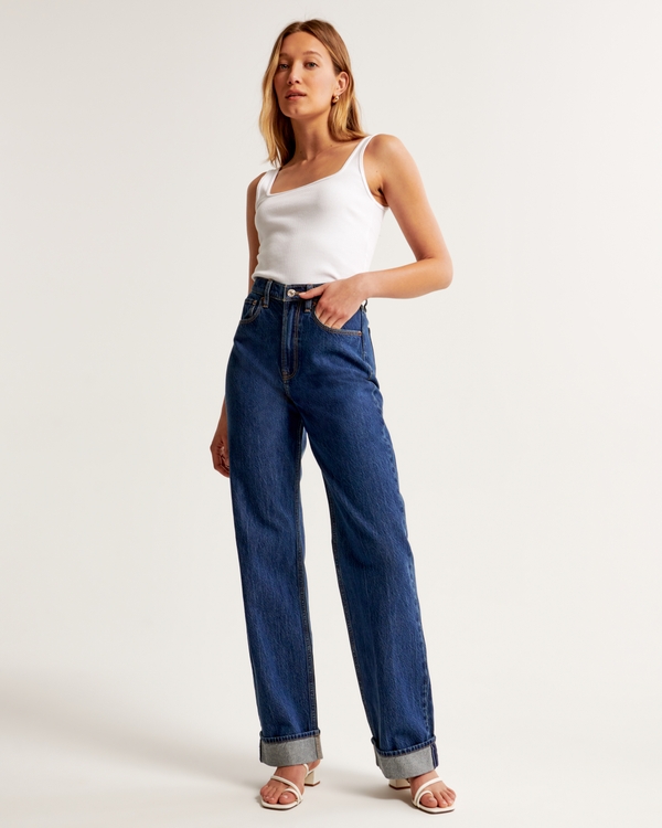 High Rise Loose Jean, Dark With Cuff Hem