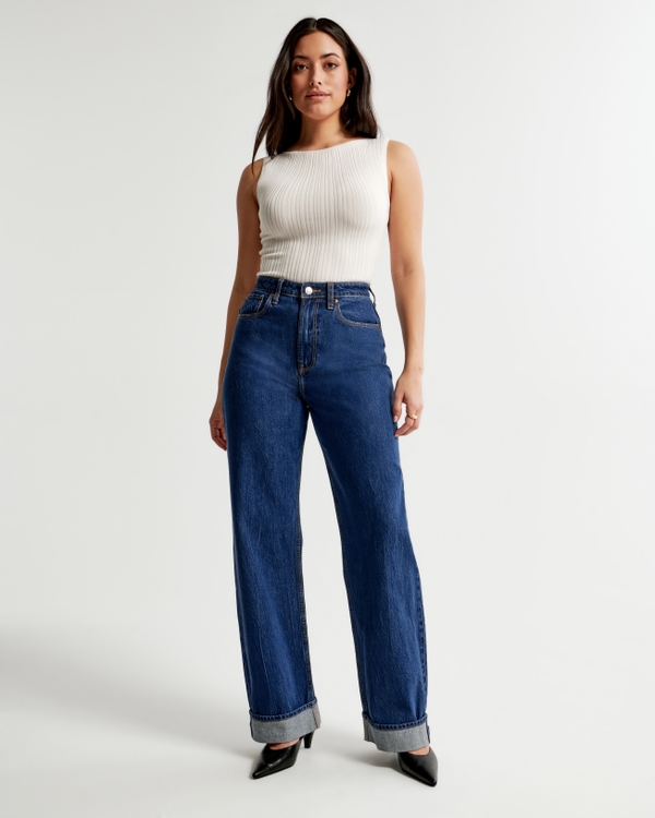 Curve Love High Rise Loose Jean, Dark With Cuff Hem