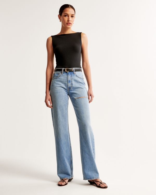 High Rise Loose Jean, Medium With Thigh Destroy