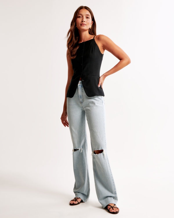 High Rise 90s Relaxed Jean, Light With Double Knee Destroy