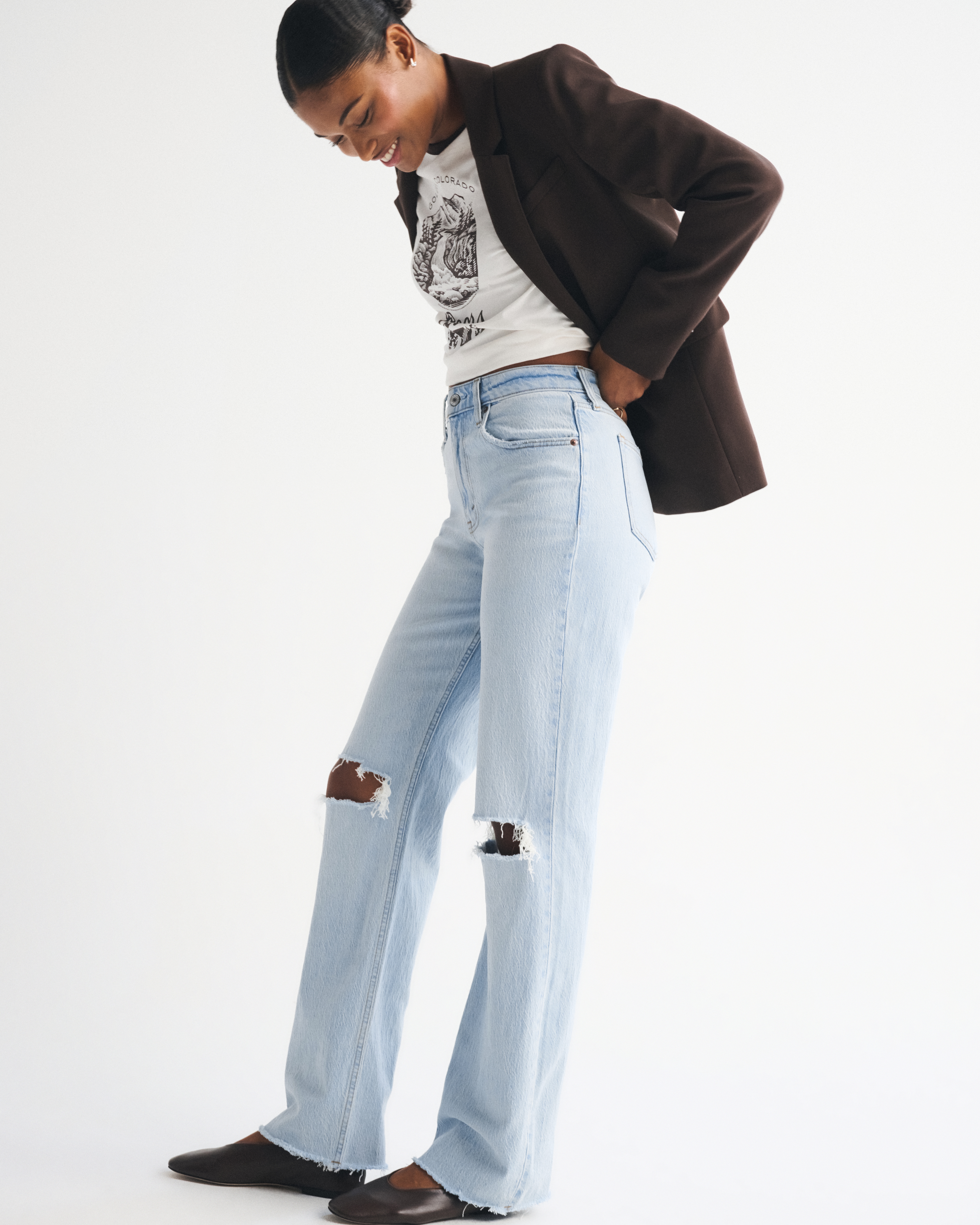 Abercrombie & Fitch Curve Love High Rise 90s Relaxed Raw Hem Destroy Jean In Blue