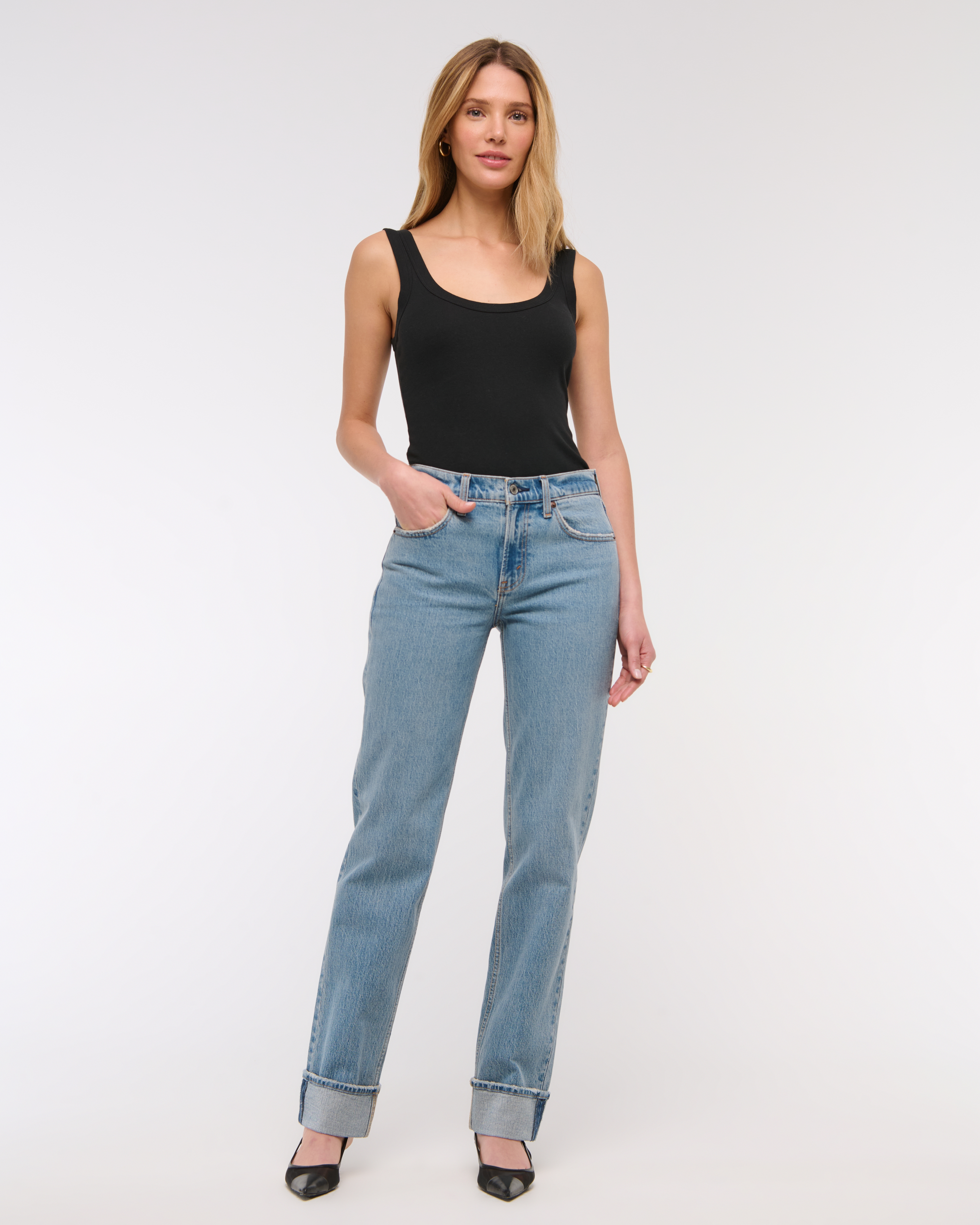 Abercrombie & Fitch Mid Rise 90s Straight Cuffed Hem Jean In Blue
