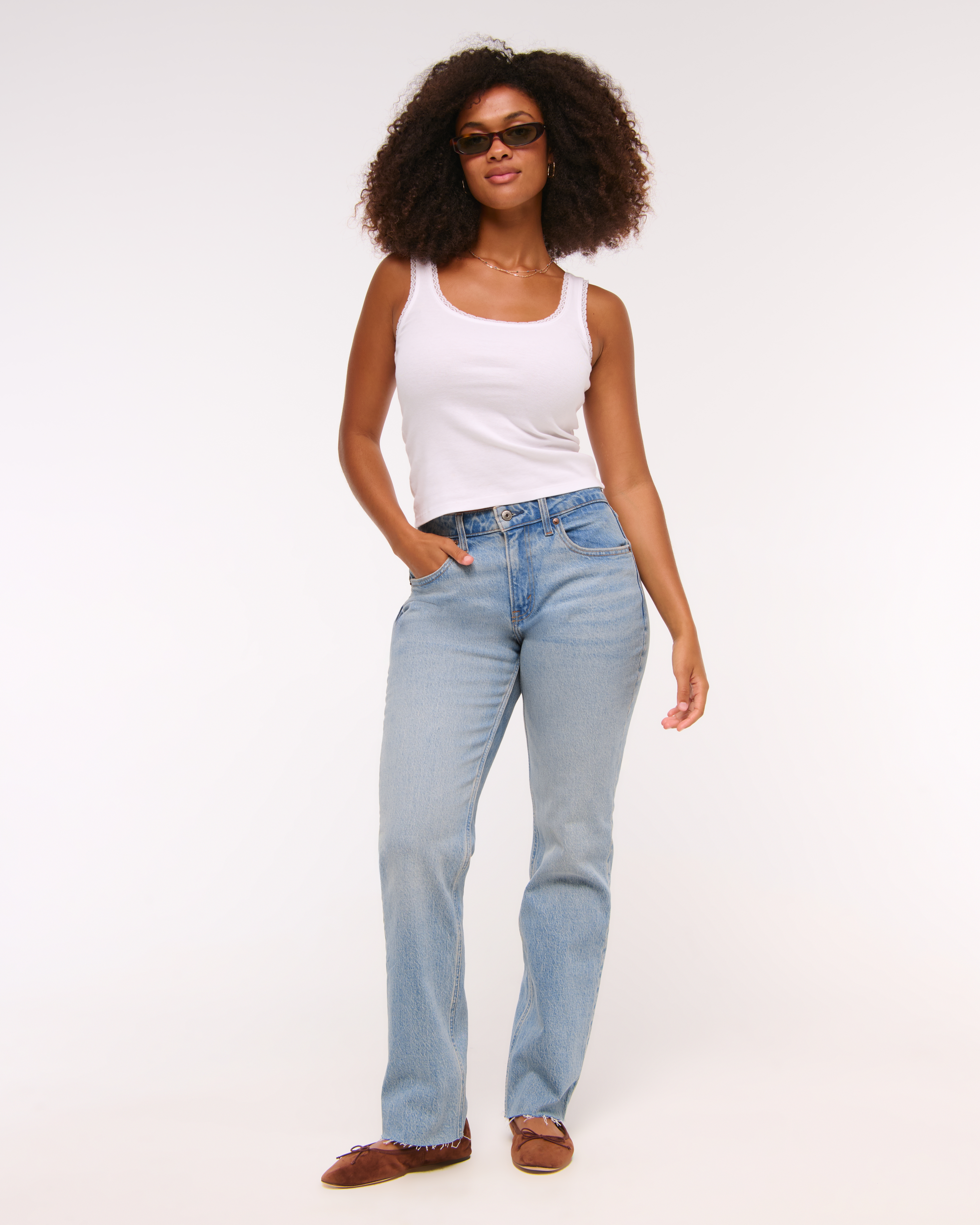 Abercrombie & Fitch Curve Love Mid Rise 90s Straight Frayed Hem Jean In Blue