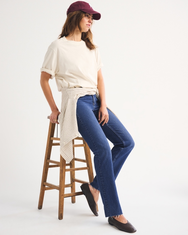 Mid Rise 90s Straight Frayed Hem Jean, Medium Fray Hem view 1