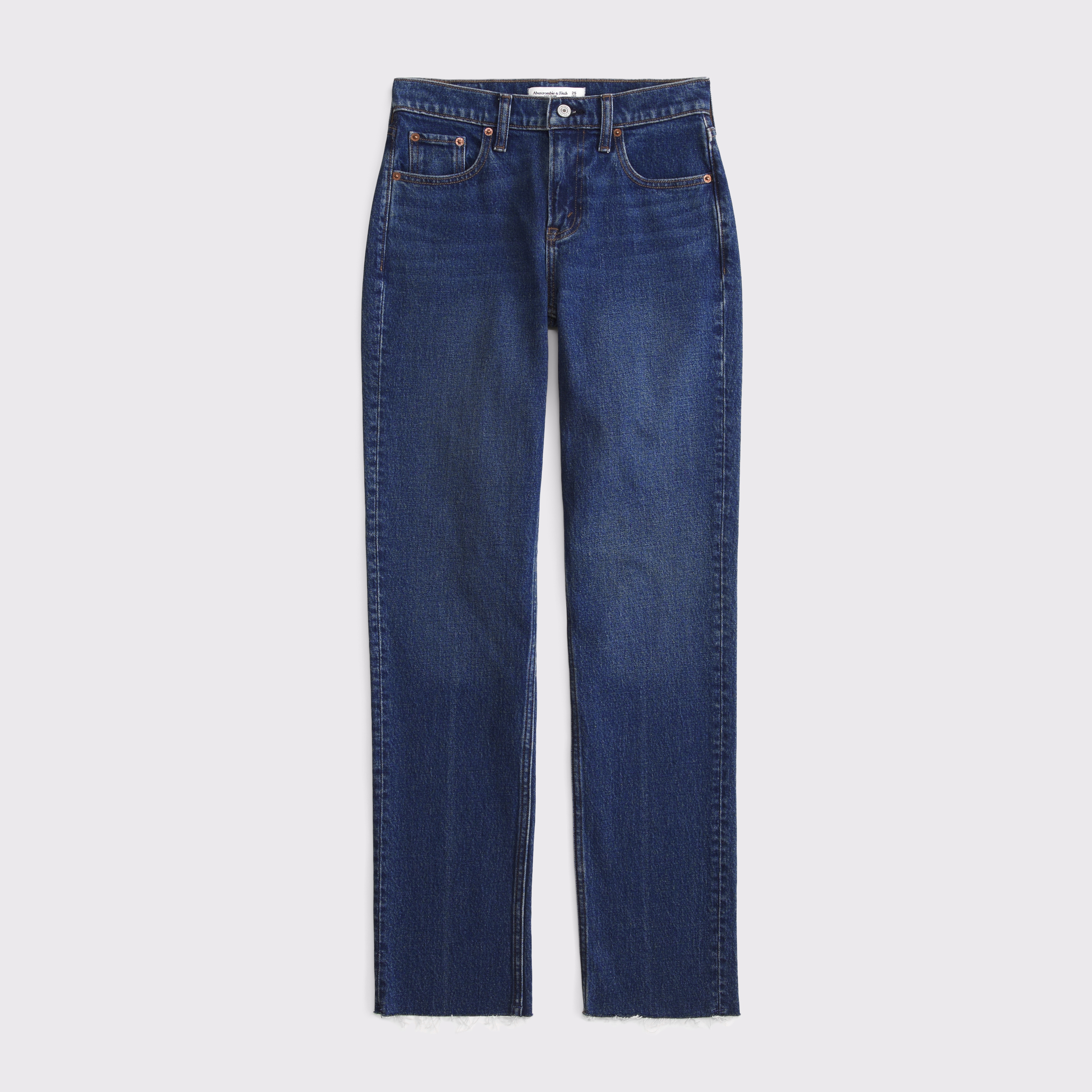 Abercrombie & Fitch Mid Rise 90s Straight Frayed Hem Jean In Blue