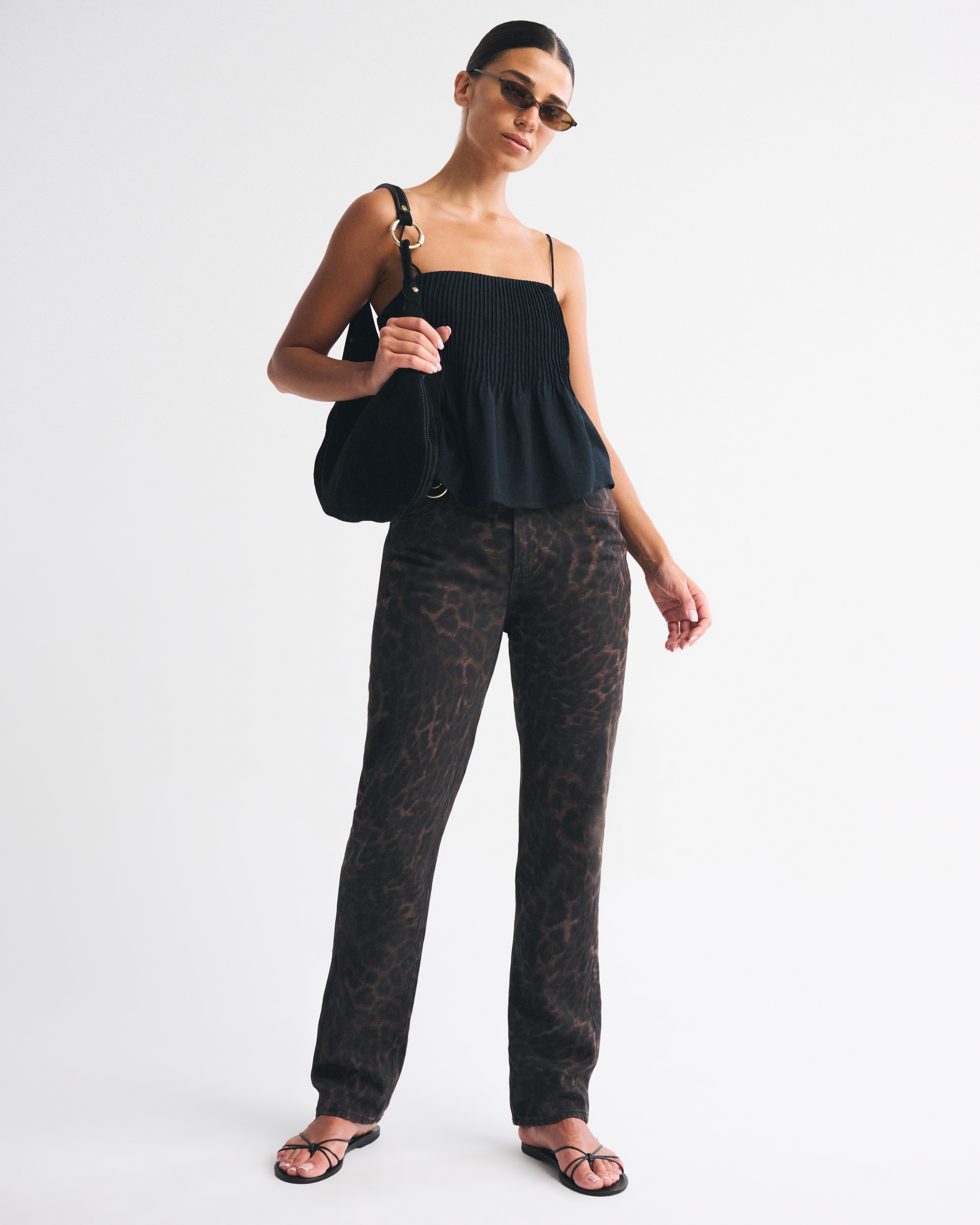 Abercrombie & Fitch Curve Love Mid Rise 90s Straight Leopard Print Jean In Brown