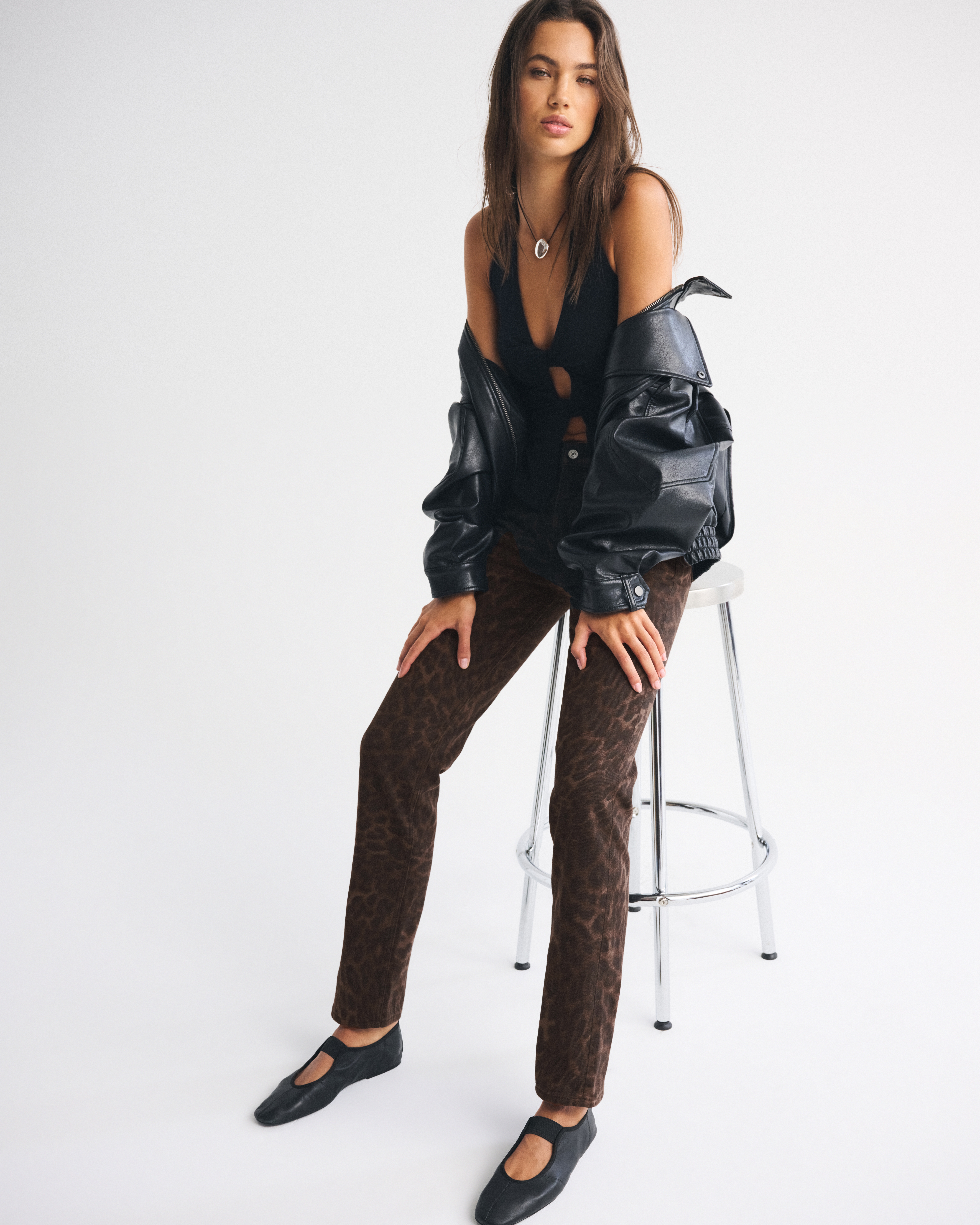 Abercrombie & Fitch Mid Rise 90s Straight Leopard Print Jean In Brown