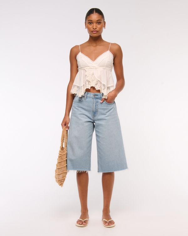 Curve Love Mid Rise Long Jort, Medium Distressed Hem view 1