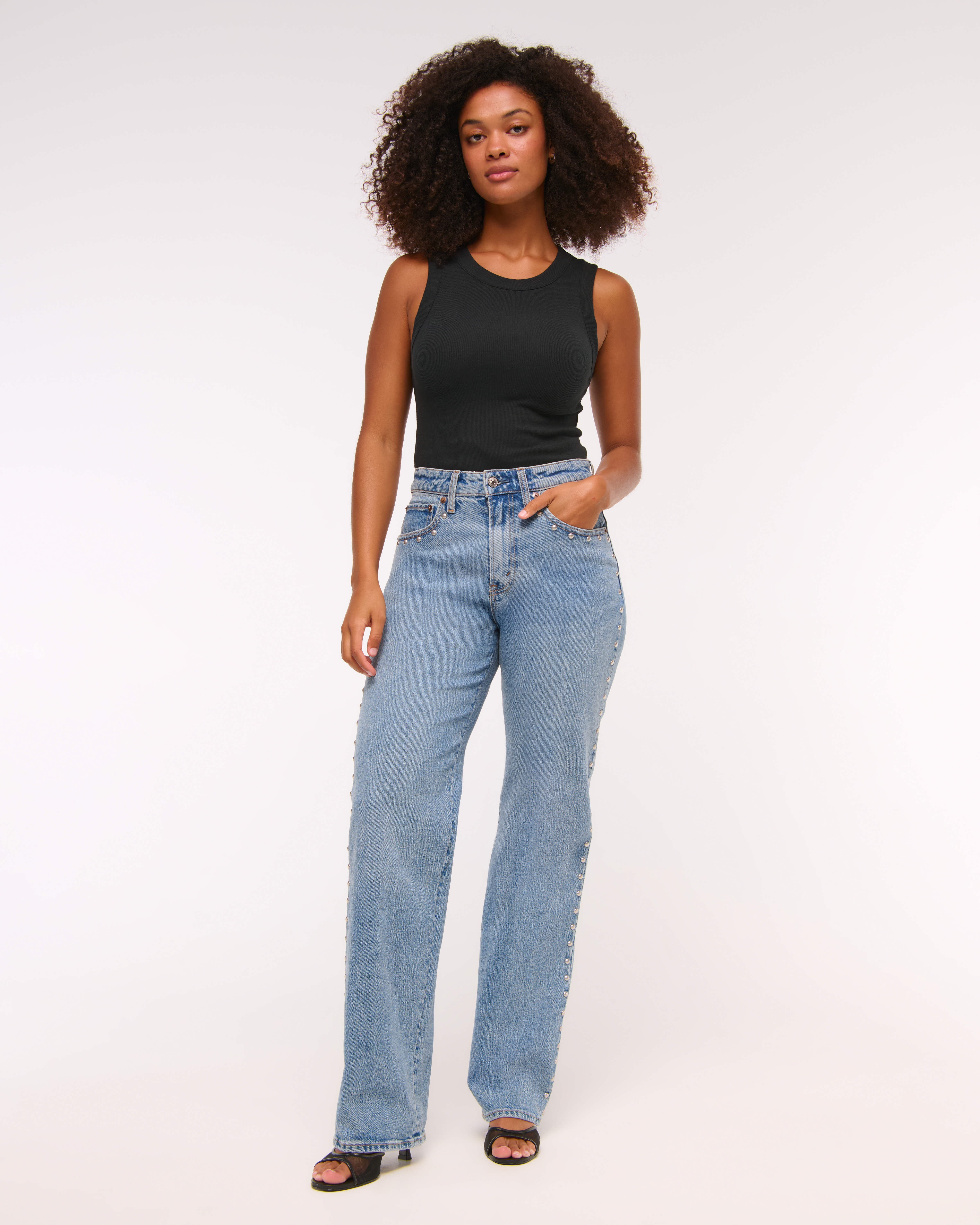 Abercrombie & Fitch Curve Love High Rise 90s Relaxed Studded Jean In Blue