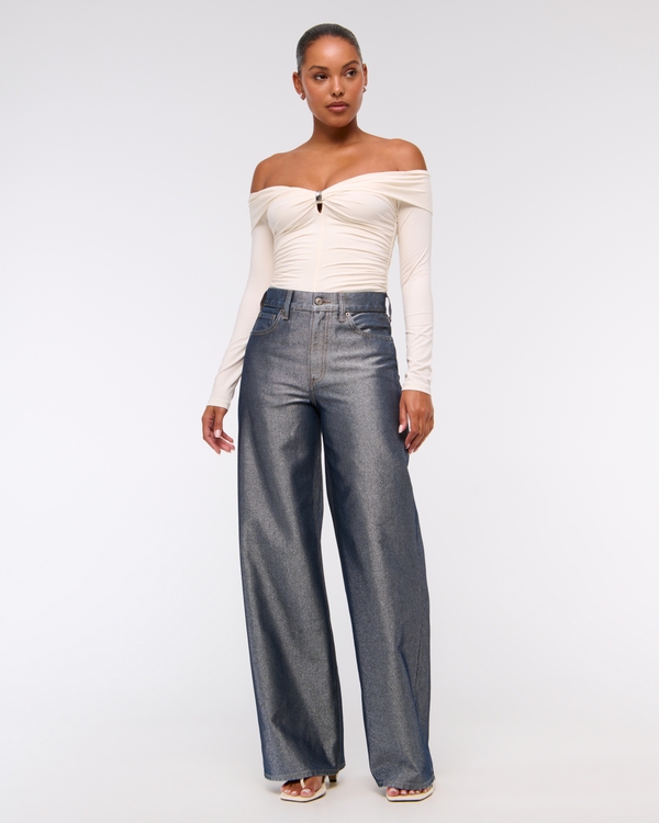 High Rise Wide Leg Jean, Dark Rinse Shine view 1