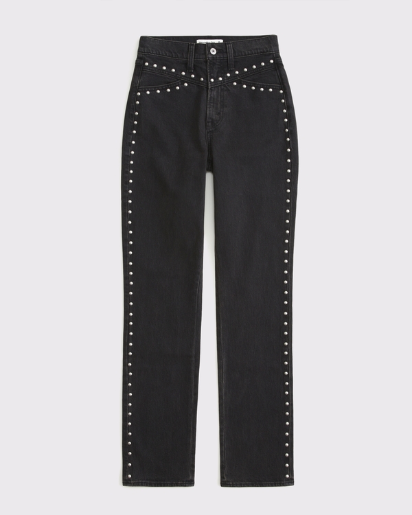 Curve Love Ultra High Rise 90s Straight Jean, Washed Black Studded view 1