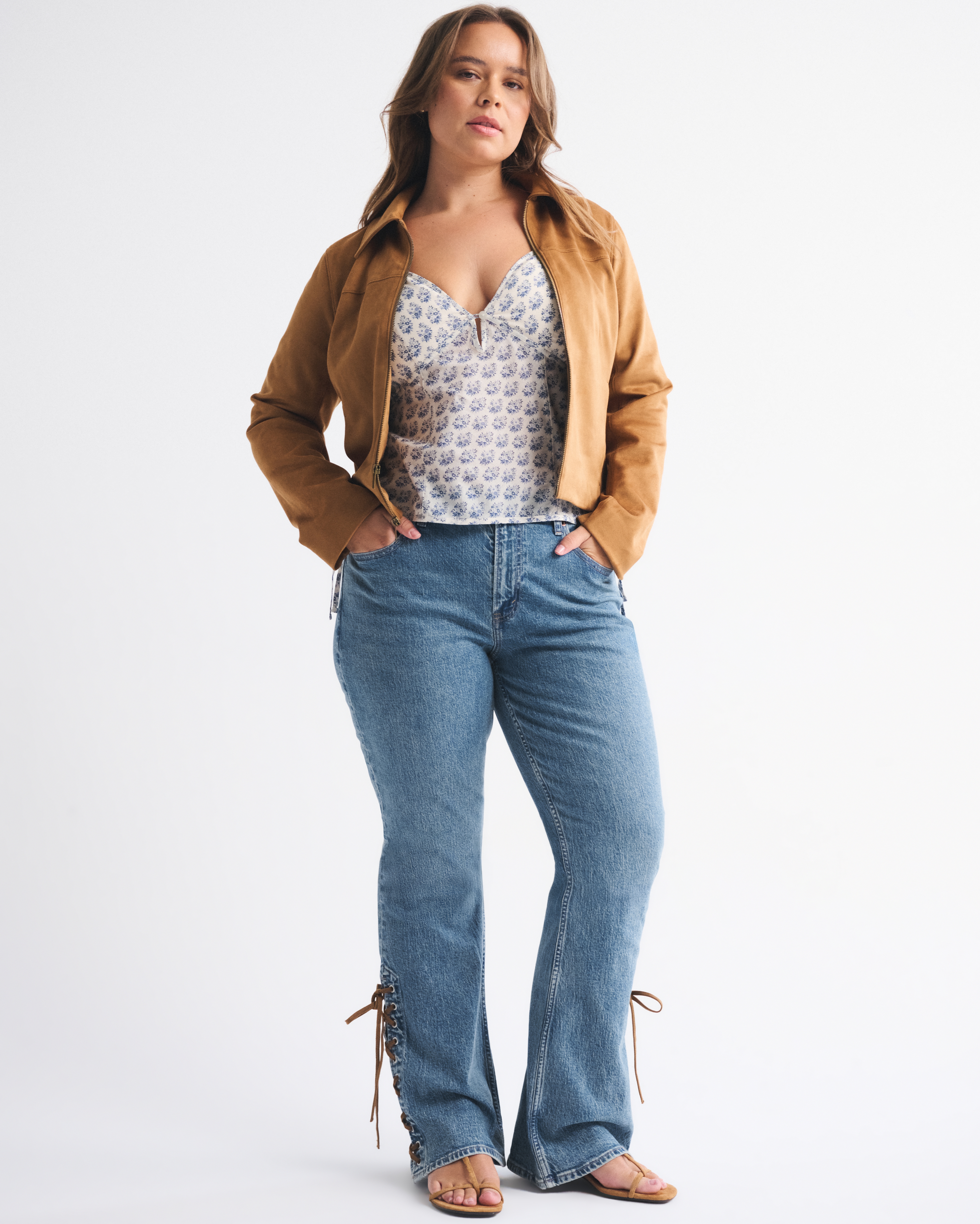 Abercrombie & Fitch Curve Love Mid Rise Bootcut Vegan Suede Lace Jean