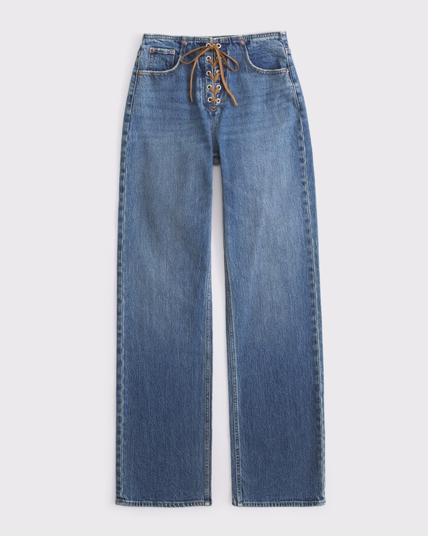 Curve Love High Rise 90s Relaxed Jean, Medium Suede Lace Up view 1