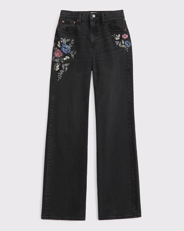 High Rise 90s Relaxed Jean, Washed Black Floral Embroidery view 1