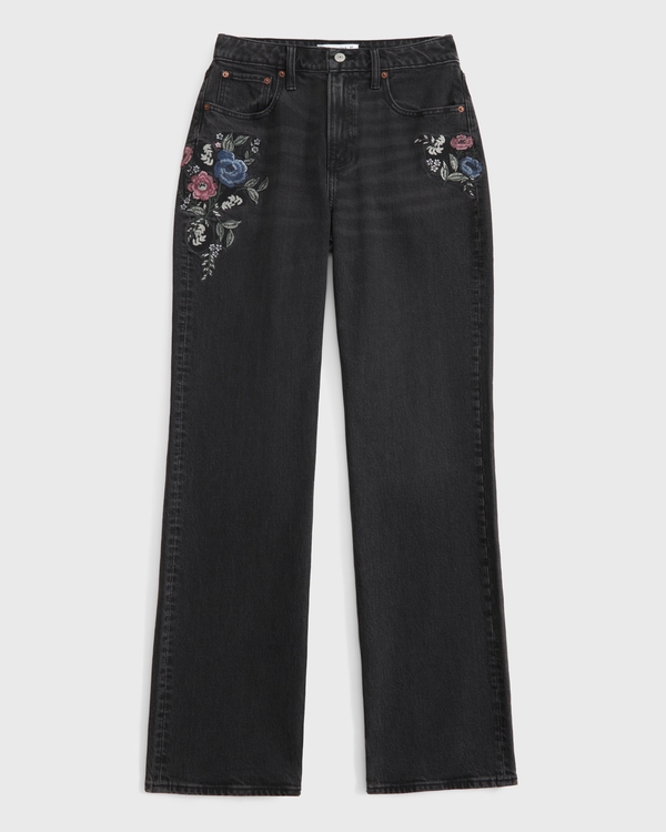 Curve Love High Rise 90s Relaxed Jean, Washed Black Floral Embroidery view 1