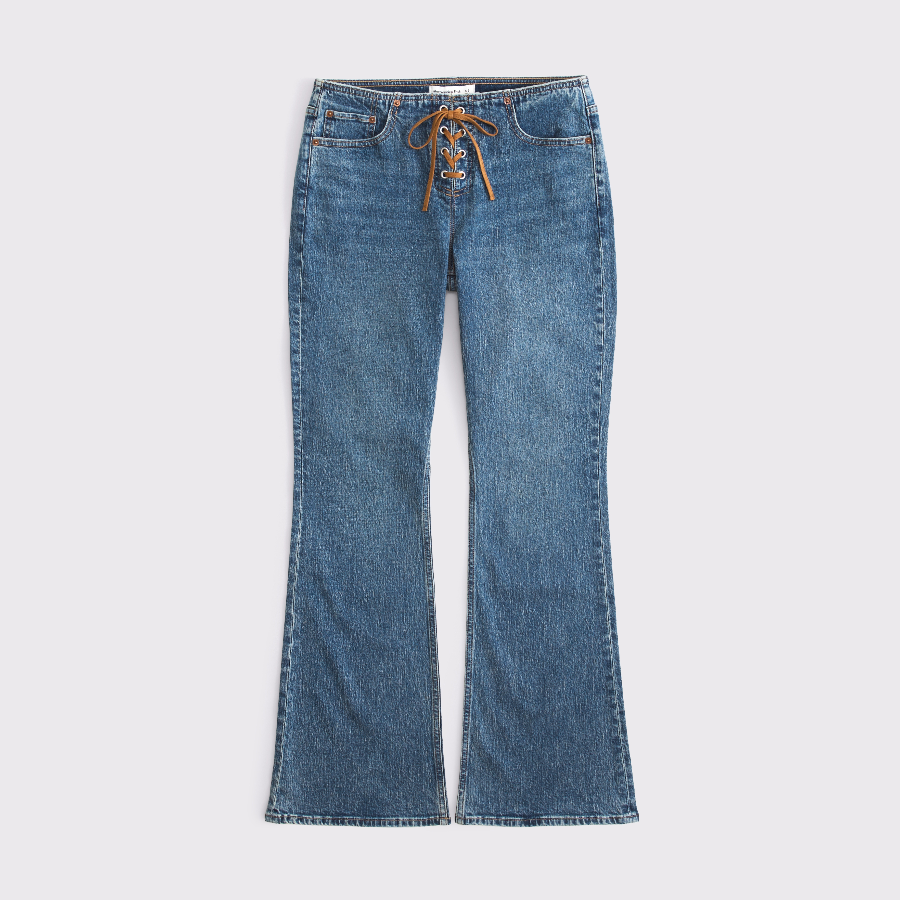 Женские джинсы Abercrombie & Fitch Mid Rise Bootcut Cowboy Embroidered Jean, цвет: Dark With Suede Lace Up