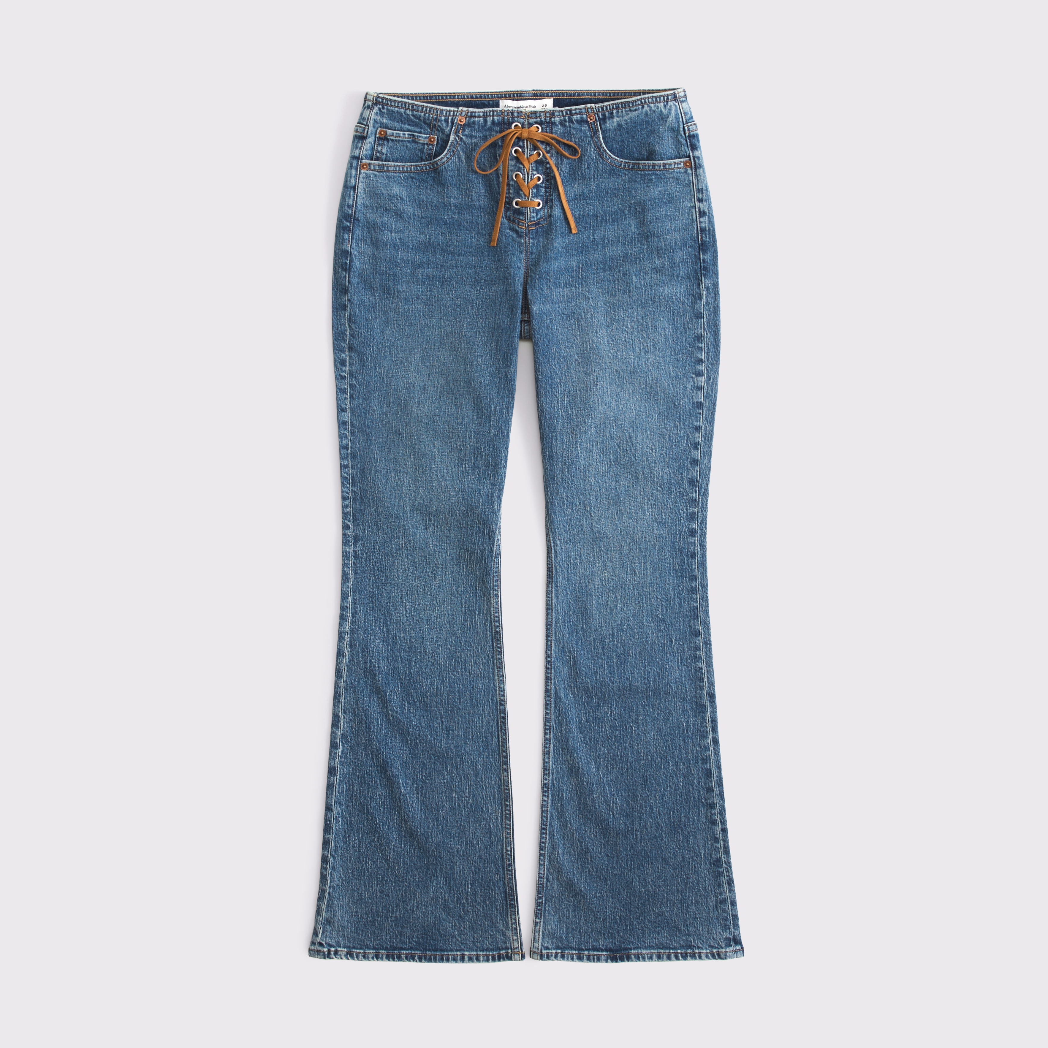 Женские джинсы Abercrombie & Fitch Curve Love Mid Rise Bootcut Cowboy Embroidered Jean, цвет: Dark With Suede Lace Up