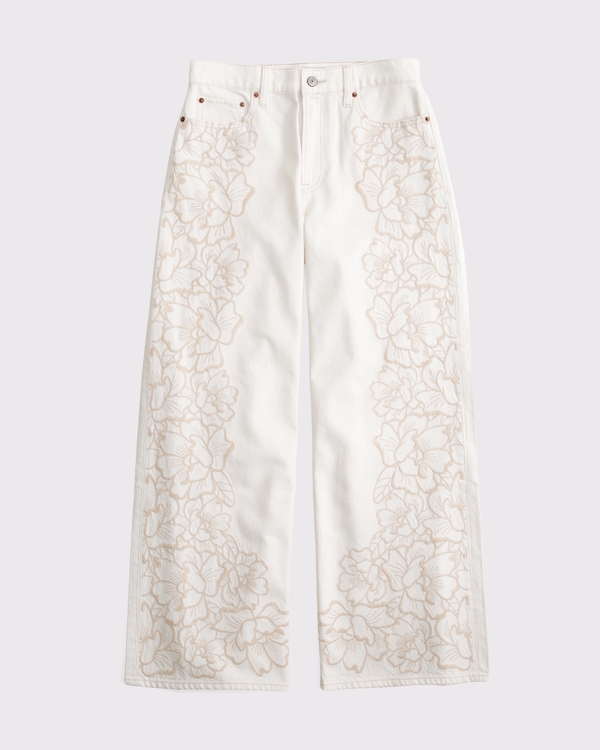 High Rise Wide Leg Jean, Ecru Embroidery view 1