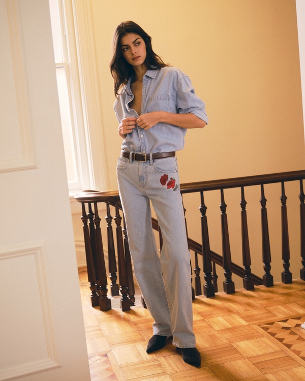 High Rise 90s Relaxed Rose Embroidered Jean, Light Wash With Embroidery view 1