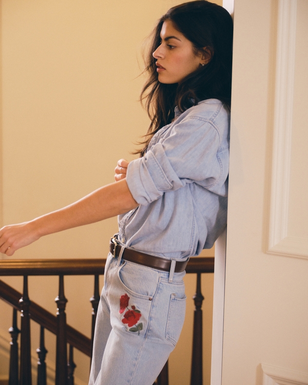 High Rise 90s Relaxed Rose Embroidered Jean, Light Wash With Embroidery view 2