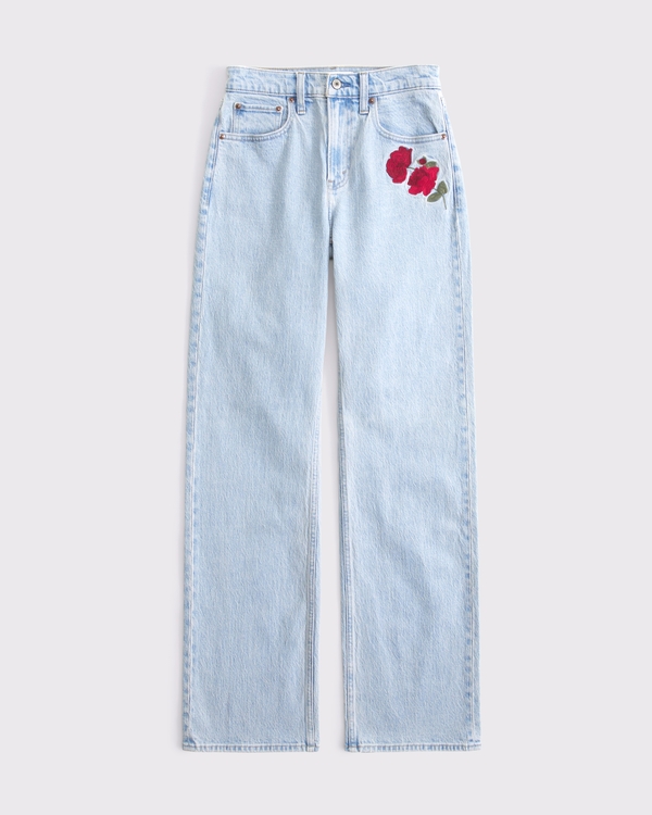Jean taille haute des années 90, coupe décontractée, brodé de roses, Délavage Clair Avec Broderie view 1