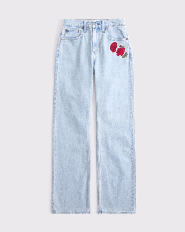 Curve Love High Rise 90s Relaxed Rose Embroidered Jean, Light Wash With Embroidery view 1