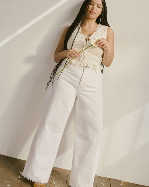 High Rise Wide Leg Frayed Hem Jean, White view 1