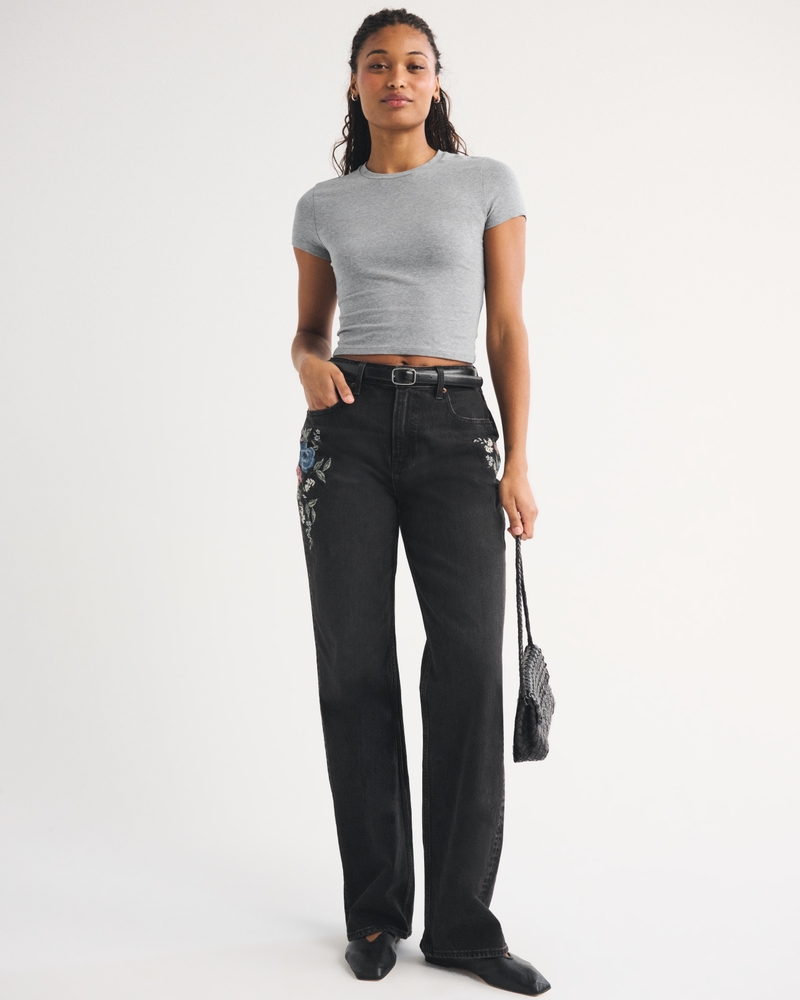 Curve Love High Rise 90s Relaxed Floral Embroidered Jean - washed black floral embroidery by Abercrombie & Fitch