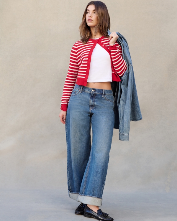 Low Rise Ultra Loose Bow Embroidered Jean, Dark With Bow Embroidery view 1