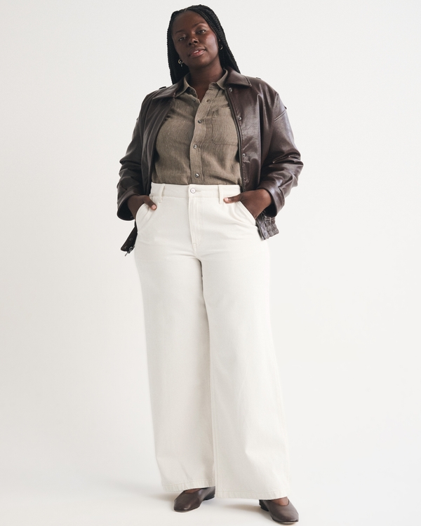 Curve Love High Rise Wide Leg Trouser Jean, Ecru Trouser view 1