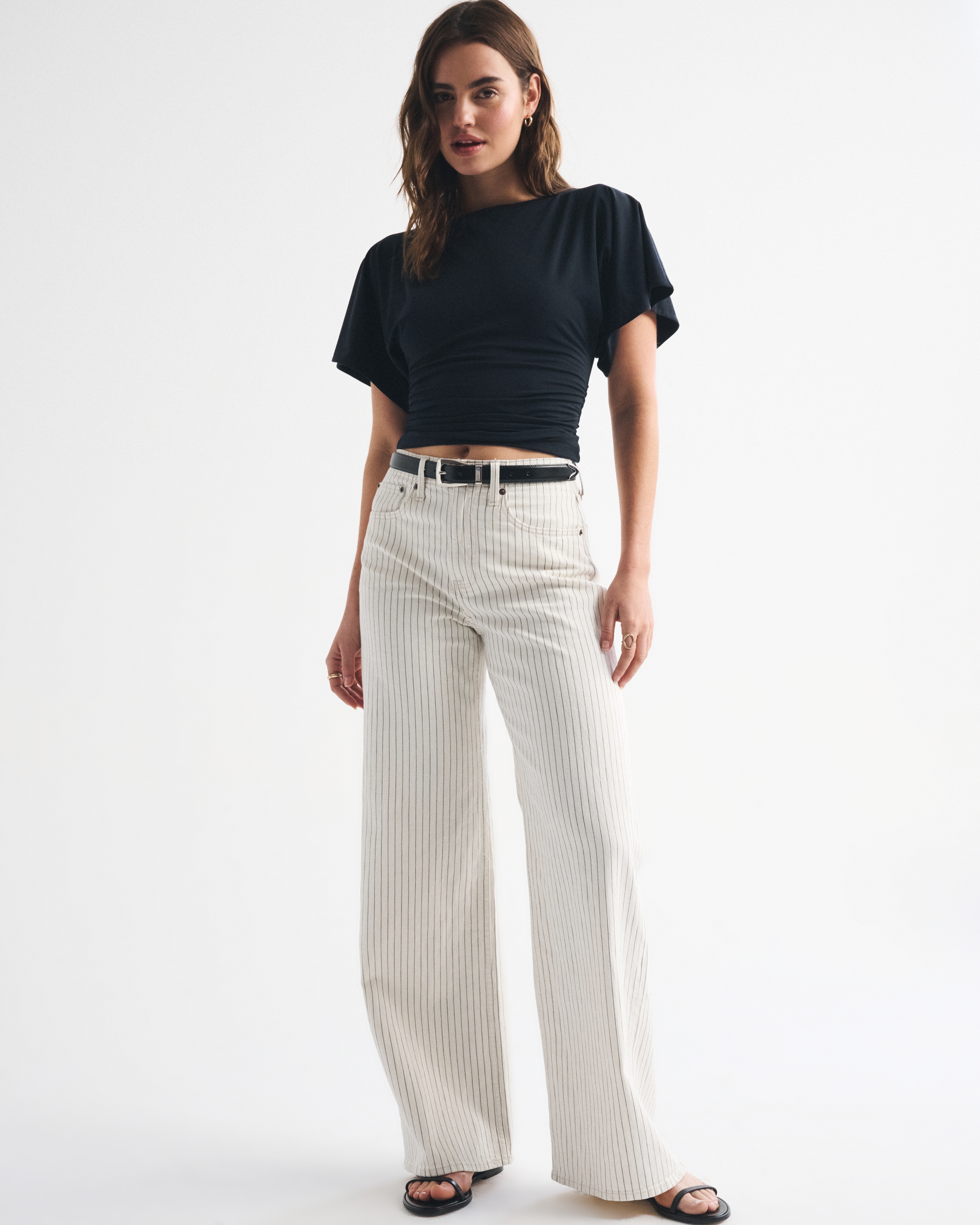Женские джинсы Abercrombie & Fitch Linen-Blend High Rise Wide Leg Striped Jean, цвет: Кремовый полосатый — фото 2