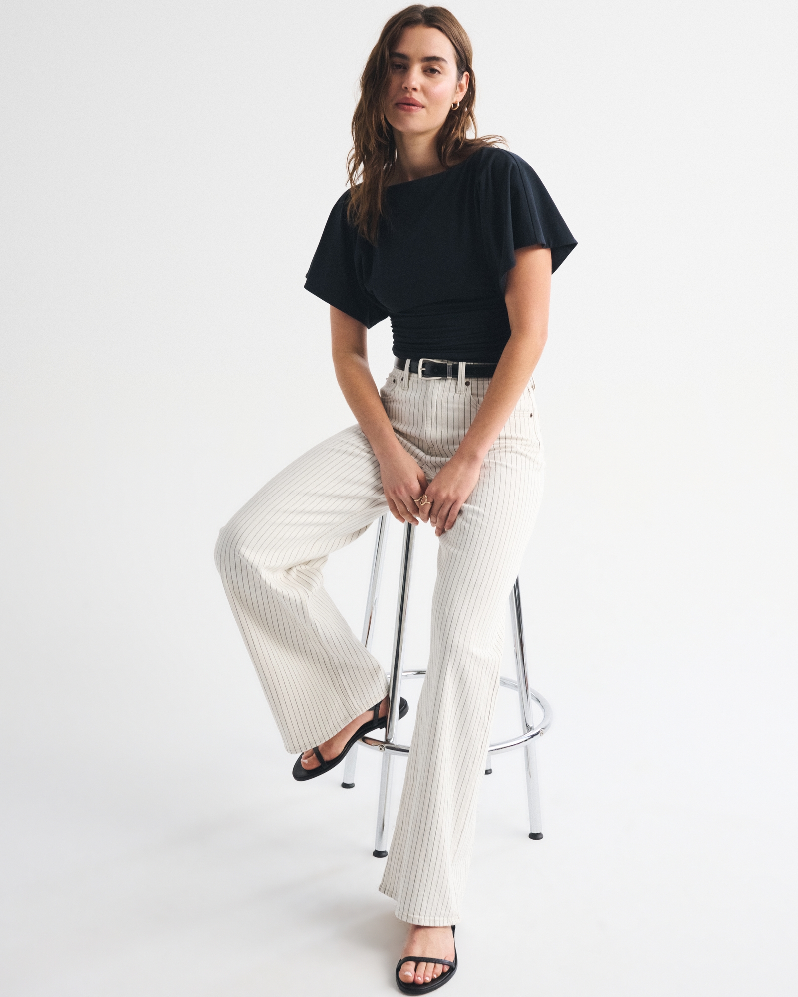 Linen-Blend High Rise Wide Leg Striped Jean