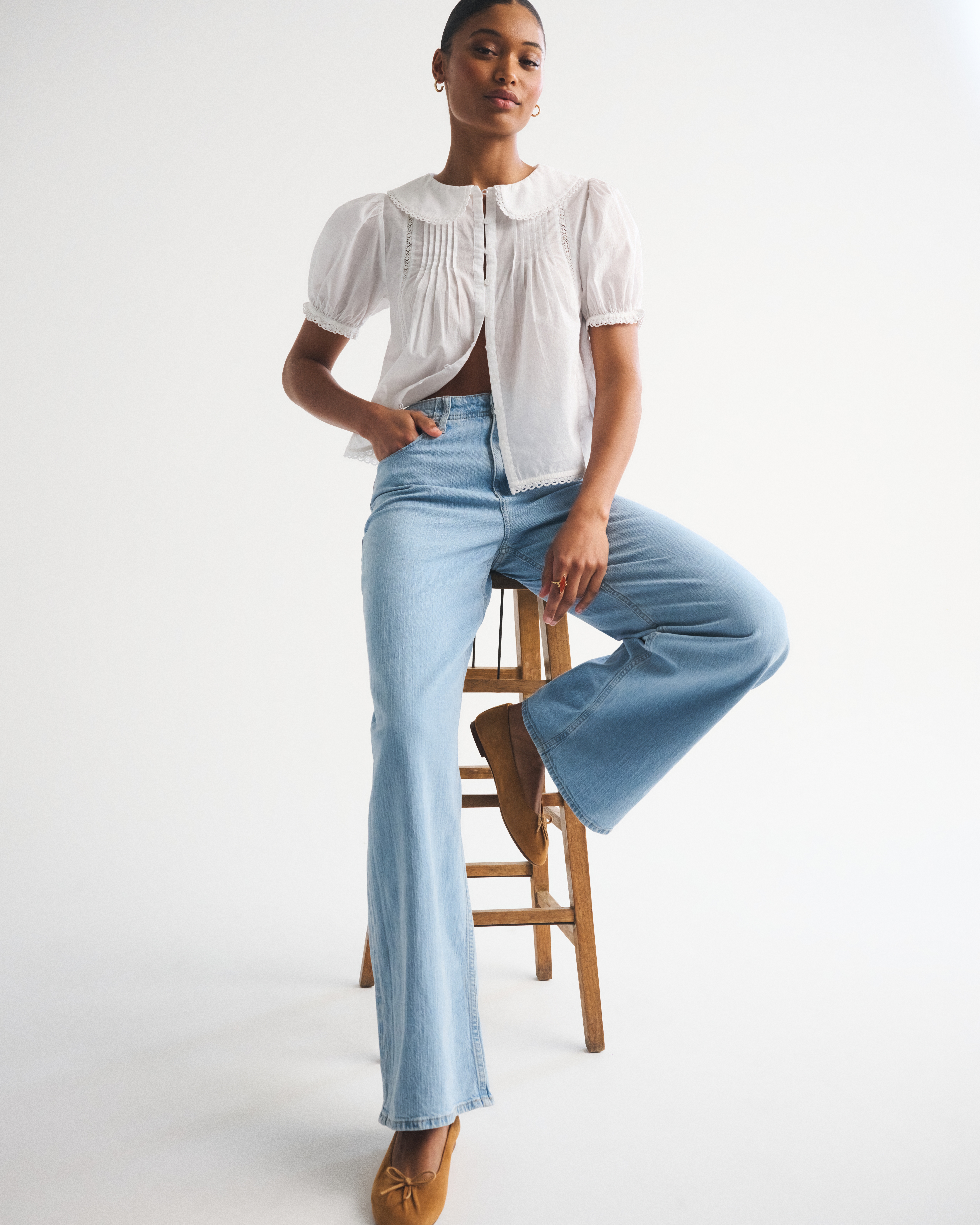 Женские джинсы Abercrombie & Fitch Curve Love Linen-Blend High Rise Wide Leg Jean — фото 2