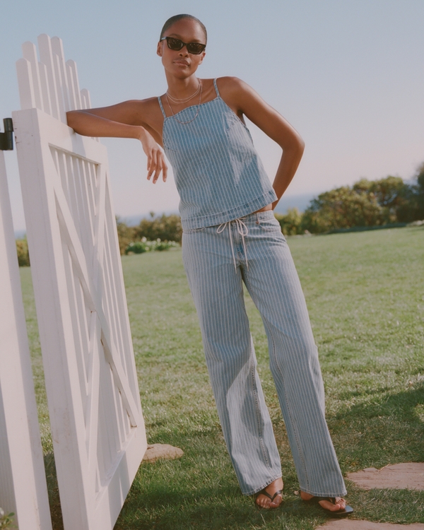 Linen-Blend Low Rise Ultra Loose Drawstring Jean, Light Stripe view 1
