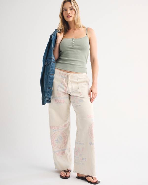 Curve Love Linen-Blend Low Rise Ultra Loose Drawstring Jean, Tan Print view 1