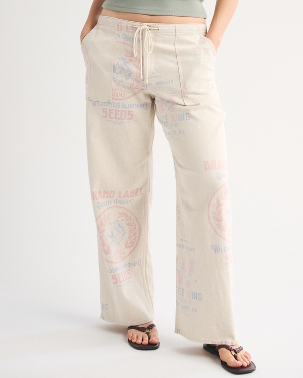 Curve Love Linen-Blend Low Rise Ultra Loose Drawstring Jean, Tan Print view 2
