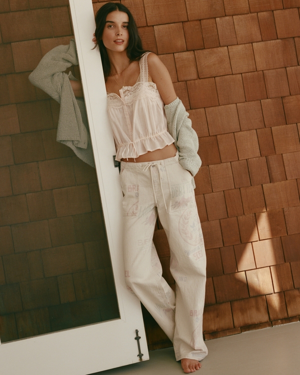 Linen-Blend Low Rise Ultra Loose Drawstring Jean, Tan Print view 1