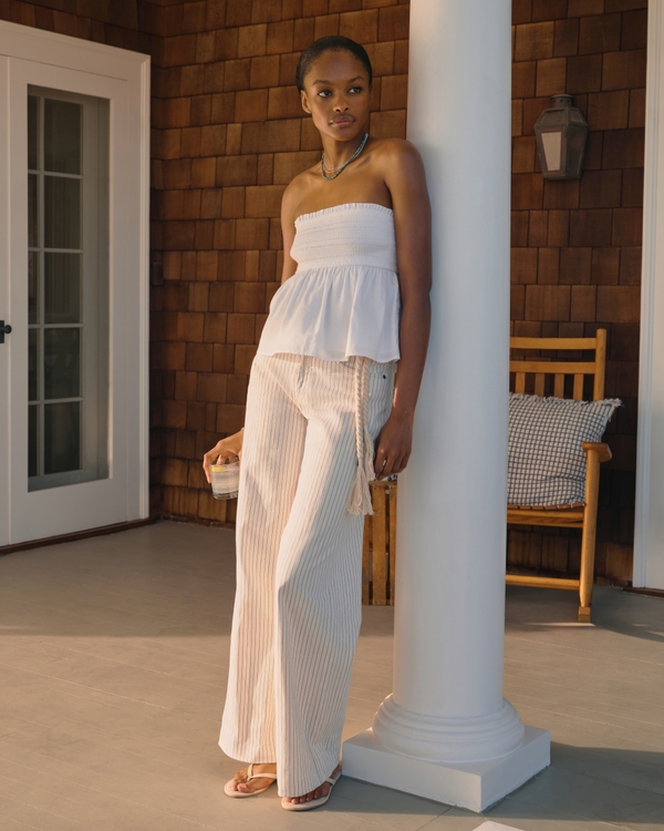 Linen-Blend High Rise Wide Leg Striped Jean, Cream Stripe view 1