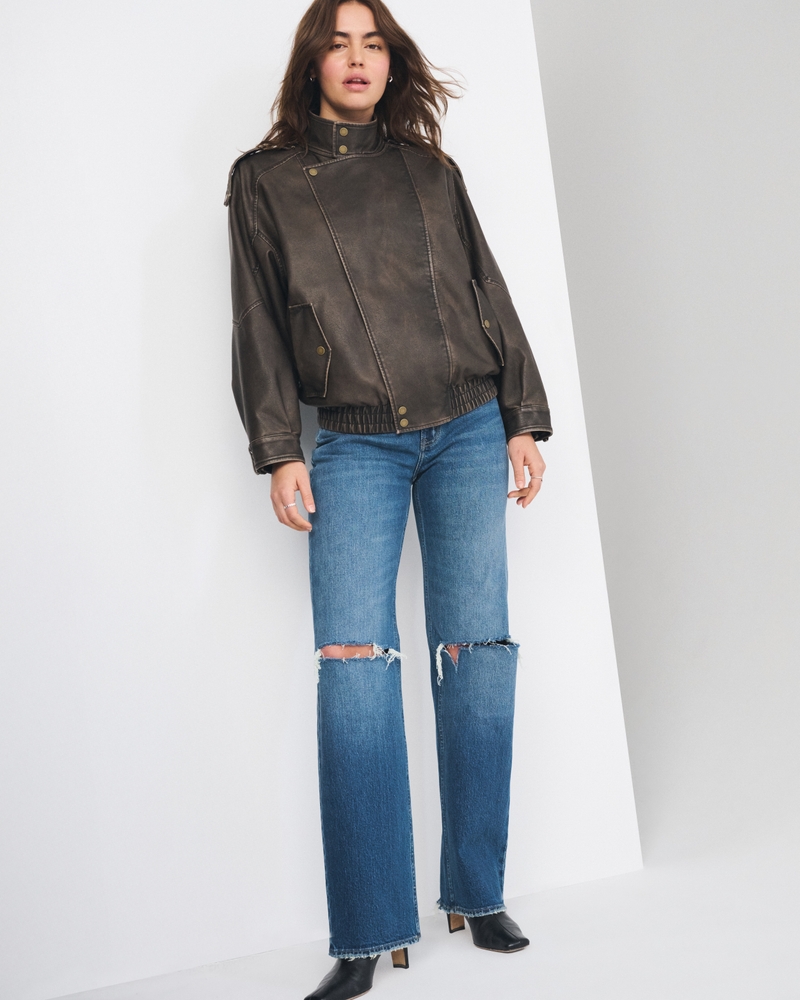 High Rise 90s Relaxed Jean - dark knee destroy by Abercrombie & Fitch