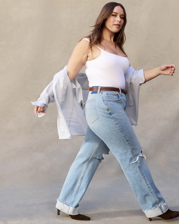 Curve Love High Rise 90s Relaxed Cuffed Hem Jean, Medium Destroy Cuff Hem view 1