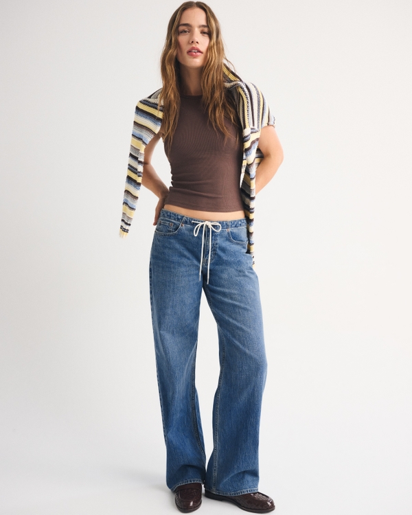 Linen-Blend Low Rise Ultra Loose Drawstring Jean, Medium view 1