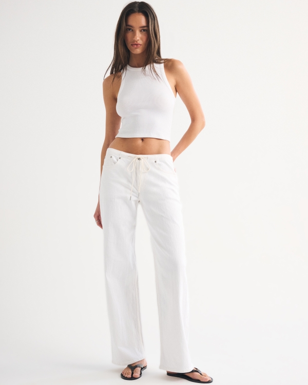 Linen-Blend Low Rise Ultra Loose Drawstring Jean, White view 1