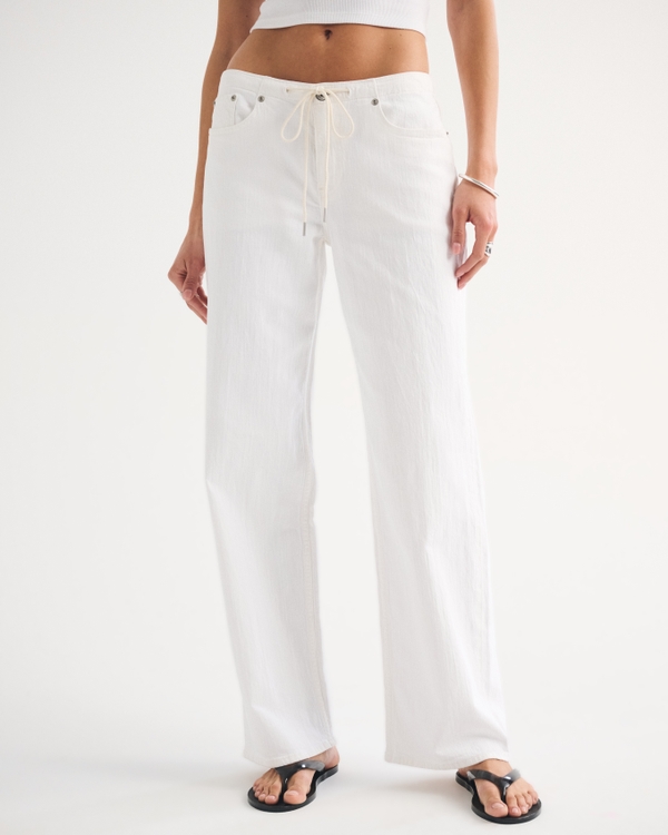 Linen-Blend Low Rise Ultra Loose Drawstring Jean, White view 2