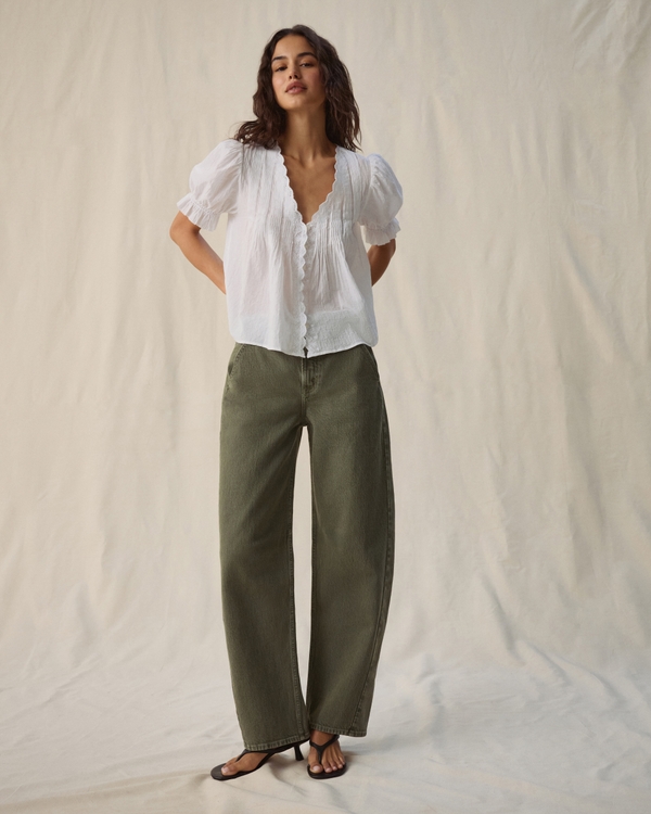 High Rise Barrel Olive Jean, Olive view 1