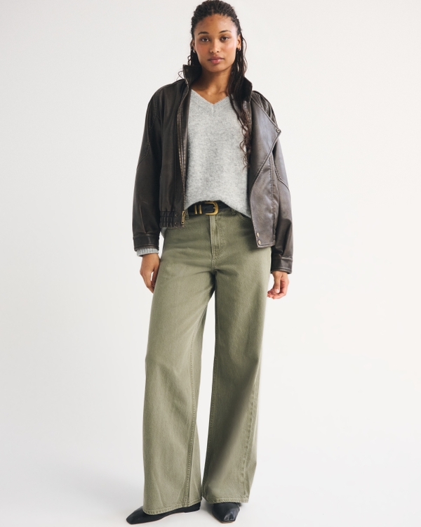 Curve Love High Rise Wide Leg Olive Jean, Olive view 1