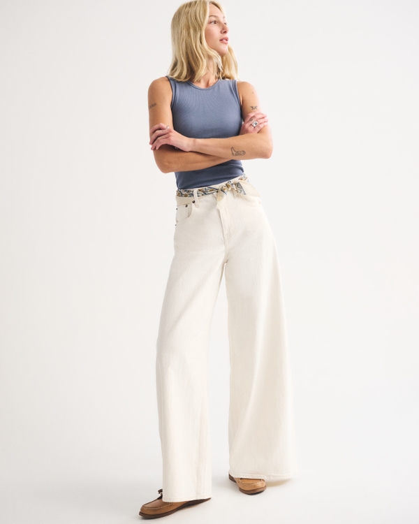 Linen-Blend High Rise Ultra Wide Leg Jean, Ecru view 1
