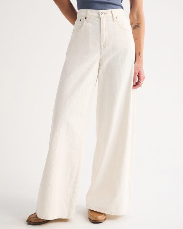 Linen-Blend High Rise Ultra Wide Leg Jean, Ecru view 2